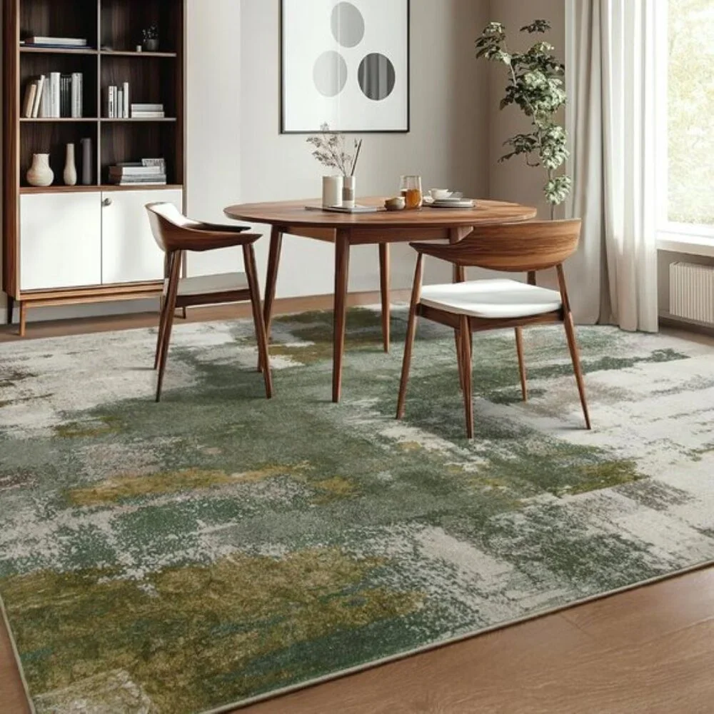 New 6x9 Green Abstract Rug, Washable Faux Wool Non-Slip Carpet for Home & Dorm